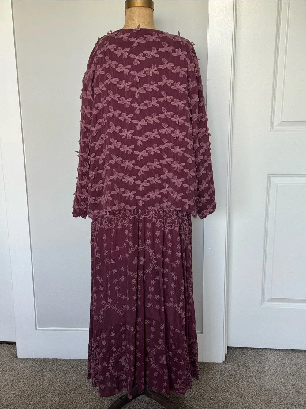 Johnny Was Burgundy Plissé Mesh Embroidered Maxi Dress & Matching Jacket Set S/L